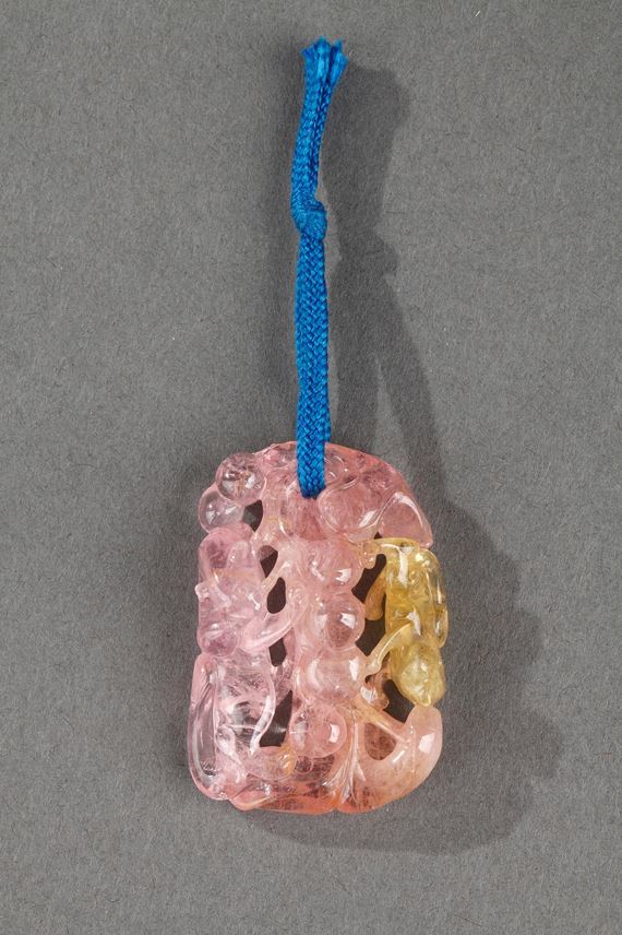 Tourmaline pink and yellow pendant carved in the shape of squirrel and grapes | MasterArt